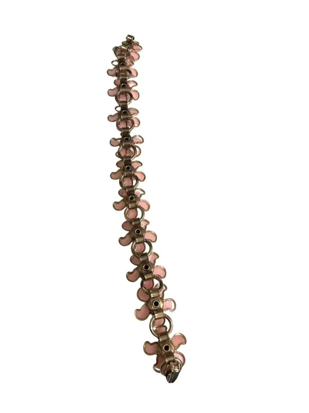 Vintage Pink Floral Link Bracelet 7.5 Inches With Rhinestone Accents  Gold-Tone